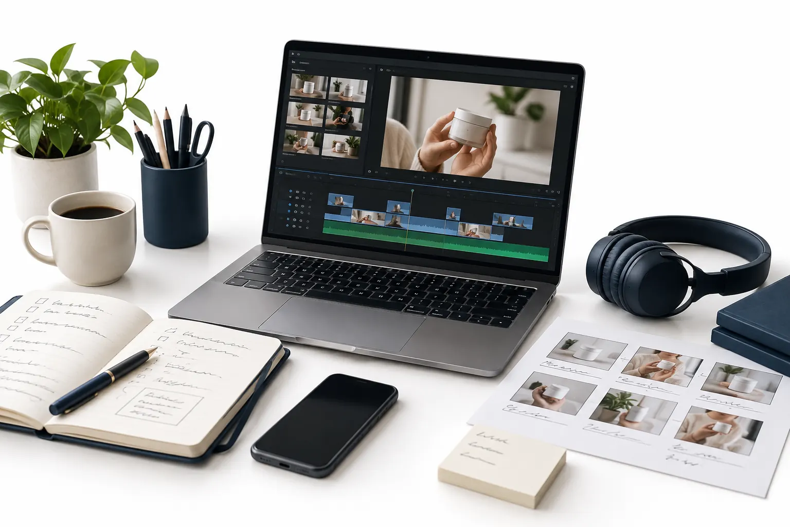 Video editing work spread across a marketing desk